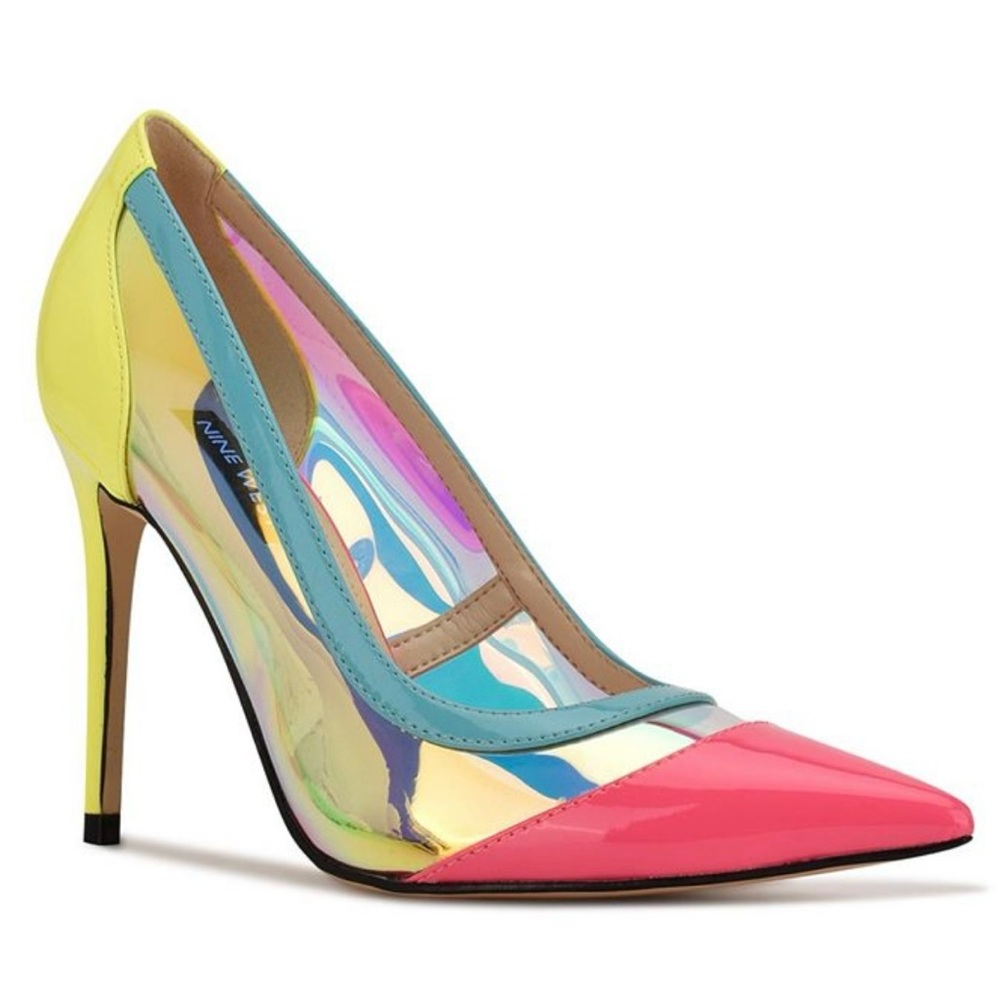 Colorblock Patent Pointed-Toe Pump - Pink/Yellow/Blue